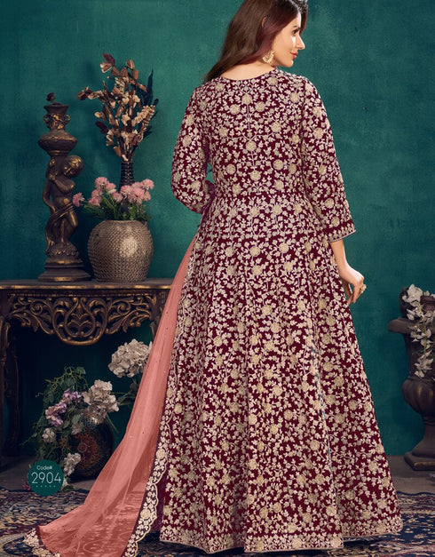 Maroon Anarkali style Suits 9000 Velvet Salwar Kameez in Embroidery, Stone and Lace Work Closure View Embroidery Back side View