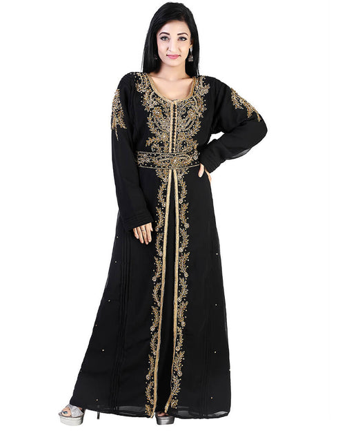 Trendy Black Georgette Hand Pearl Work Moroccan kaftan
