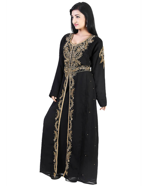 Trendy Black Georgette Hand Pearl Work Moroccan kaftan