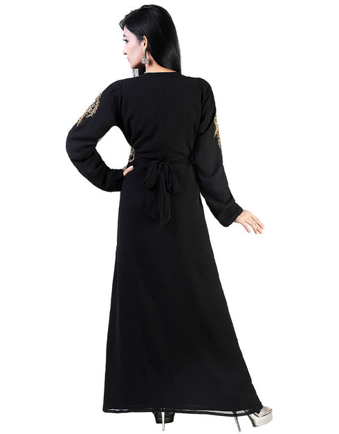 Trendy Black Georgette Hand Pearl Work Moroccan kaftan