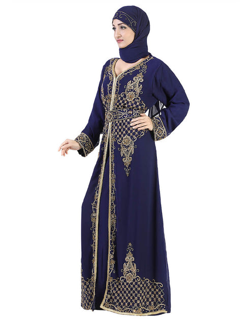 Muslim Blue Georgette Hand Zari Embroidery Kaftan