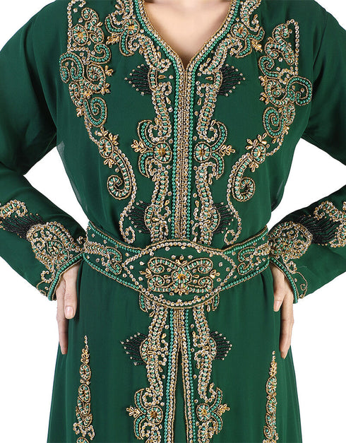 Modern Bottle Green Georgette Hand Pearl Work Moroccan kaftan