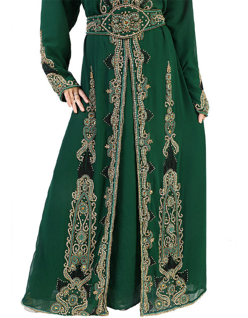 Modern Bottle Green Georgette Hand Pearl Work Moroccan kaftan