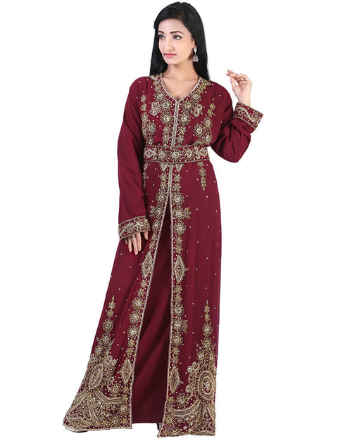Women Maroon Georgette Hand pearl Embroidery Kaftan