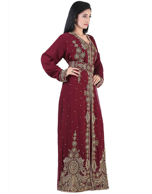 Women Maroon Georgette Hand pearl Embroidery Kaftan