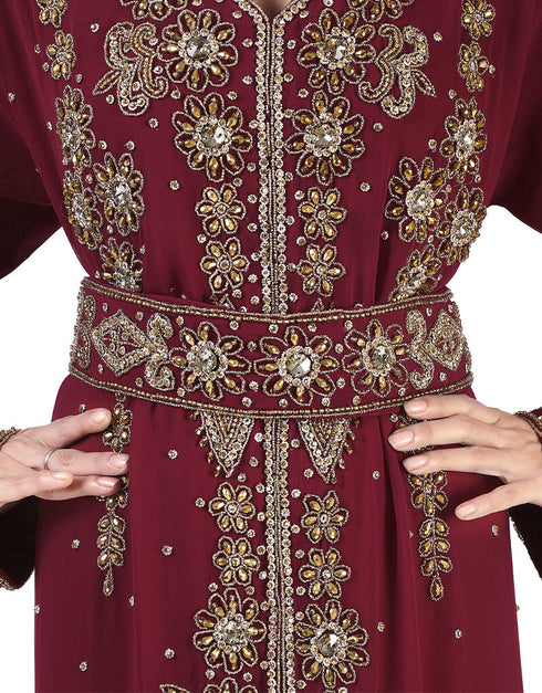 Women Maroon Georgette Hand pearl Embroidery Kaftan