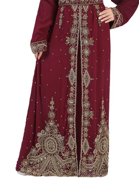 Women Maroon Georgette Hand pearl Embroidery Kaftan