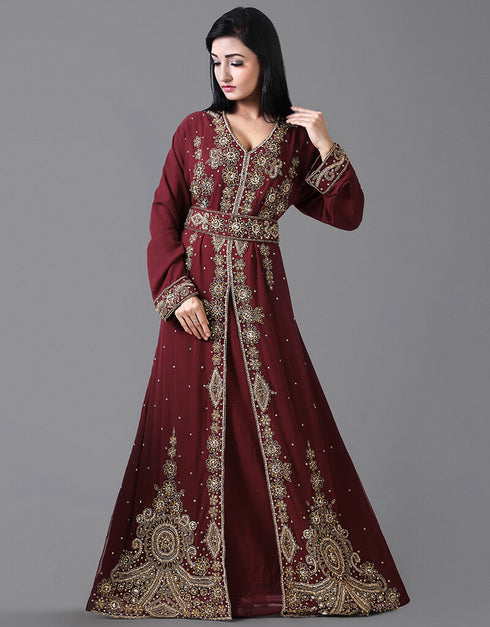 Women Maroon Georgette Hand pearl Embroidery Kaftan