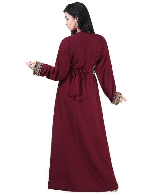 Women Maroon Georgette Hand pearl Embroidery Kaftan