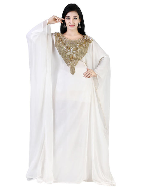 Dubai White Georgette Moti Embroidery Farasha