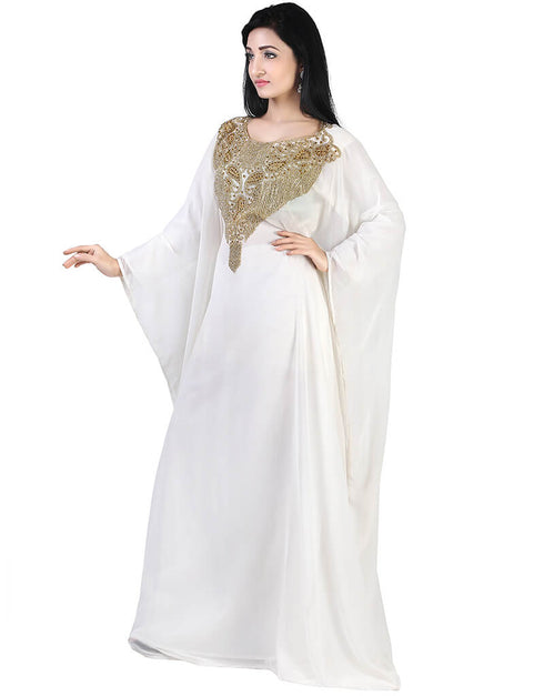 Dubai White Georgette Moti Embroidery Farasha