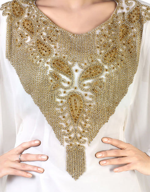 Dubai White Georgette Moti Embroidery Farasha