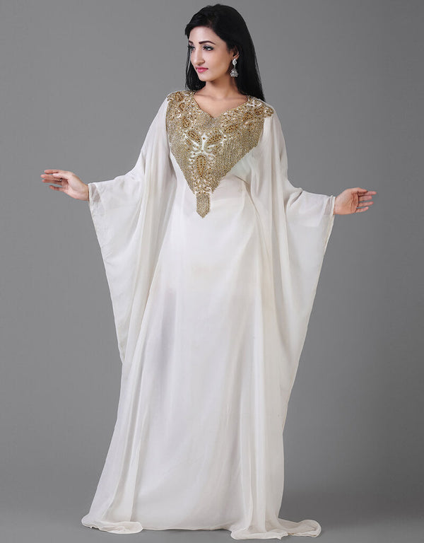 Dubai White Georgette Moti Embroidery Farasha