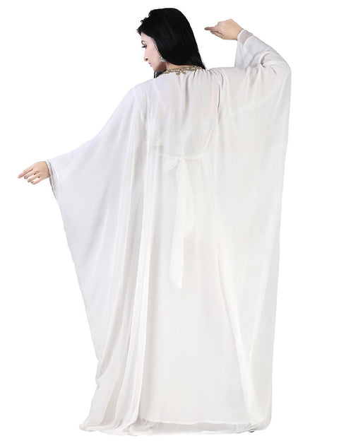 Dubai White Georgette Moti Embroidery Farasha