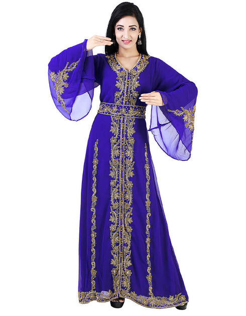 Muslim Blue Georgette Pearl Embroidery Kaftan