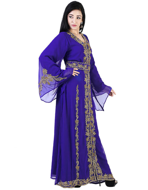 Muslim Blue Georgette Pearl Embroidery Kaftan