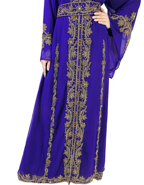 Muslim Blue Georgette Pearl Embroidery Kaftan