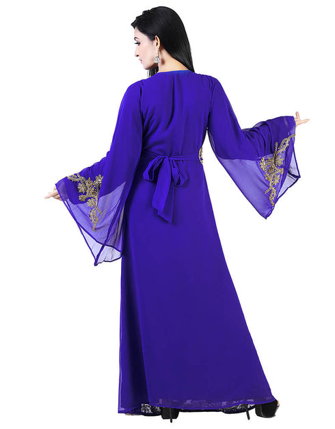 Muslim Blue Georgette Pearl Embroidery Kaftan