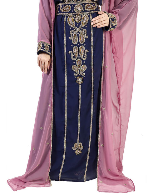 Dubai Navy Blue and Pink Georgette Hand Zari Embroidery Bridal Kaftan