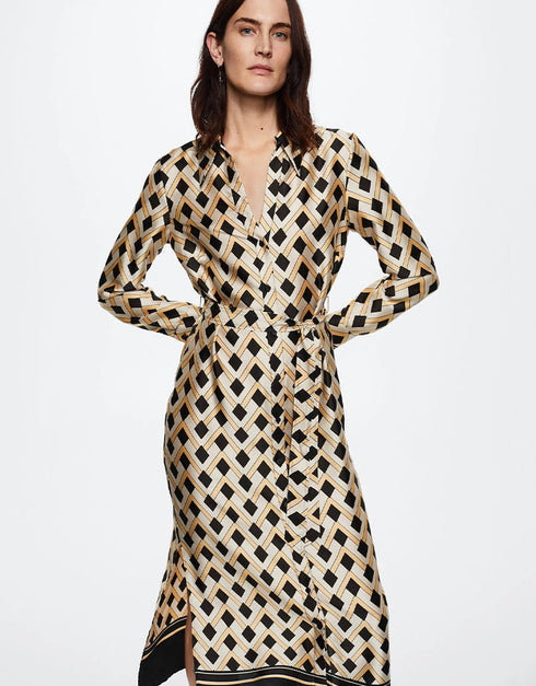 Trendy Designer Party Wear Attractive Calf Length Shirt Dress Skin Persian Silk Dress Close-up View