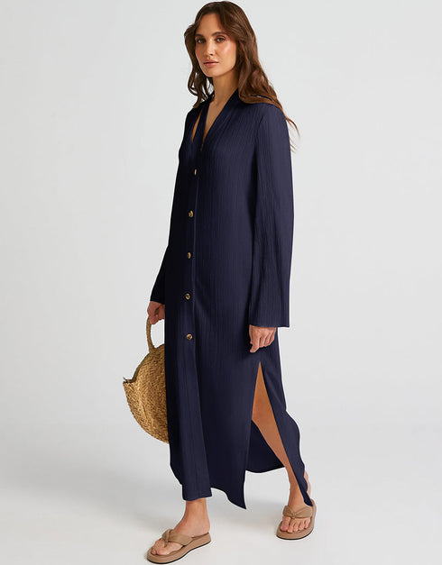 Navy Blue Heavy Designer Heavy Fency Maxi Dress Closure View