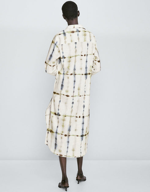 Trendy Designer Party Wear Elegant Calf Length Shirt Dress Cream Linen Blend Dress Back View