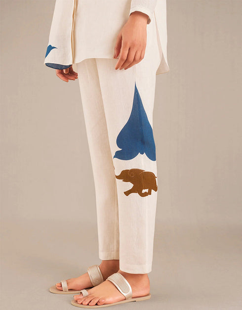 Trendy Designer Party Wear Attractive Co-Ord Sets Cream With Blue Blended Linen Slub Dress Back View