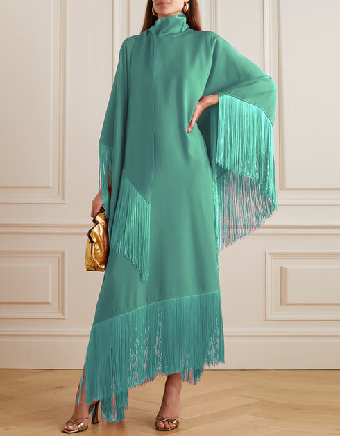Turqouise Green High Neck Style Fringed Kaftans Closure View