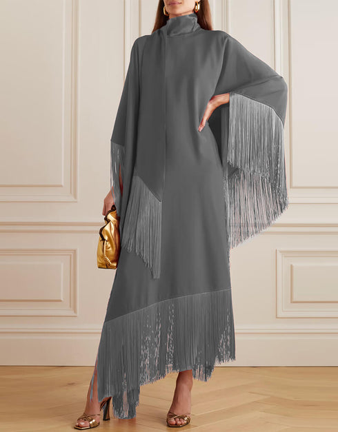 Grey High Neck Style Fringed Kaftans Closure View