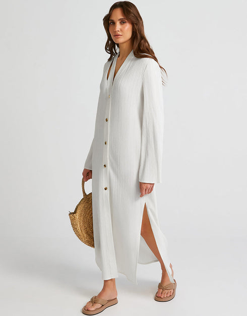 White Heavy Designer Heavy Fency Maxi Dress Closure View