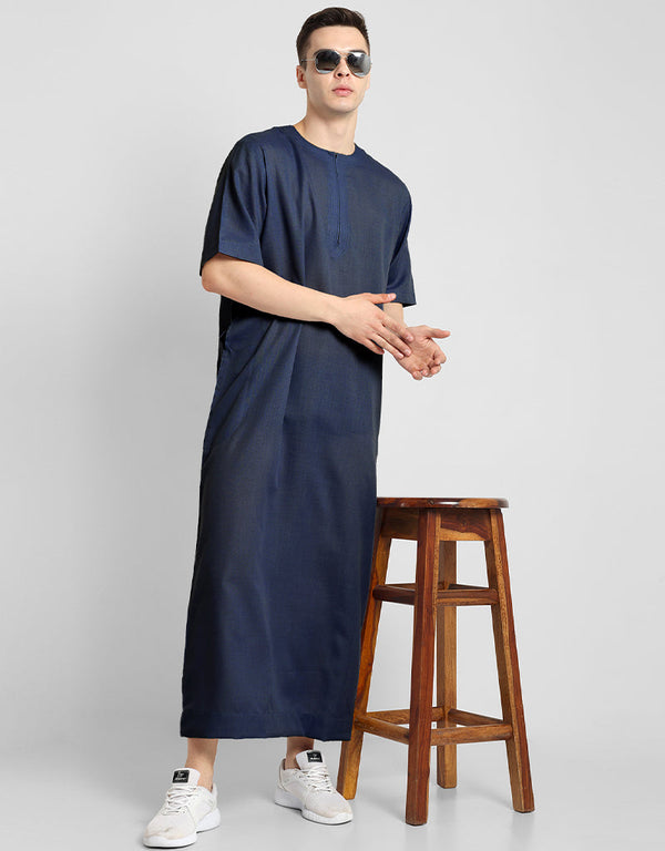 Navy Blue Thobes Cotton Blend Plain Solid Work