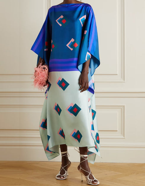 Blue Soft Satin Silk Kaftan Back View