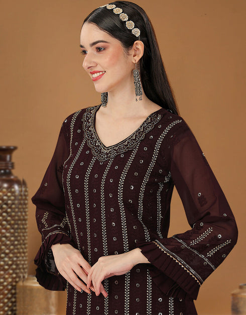 Coffee Heavy Georgette Palazzo Straight Closure View