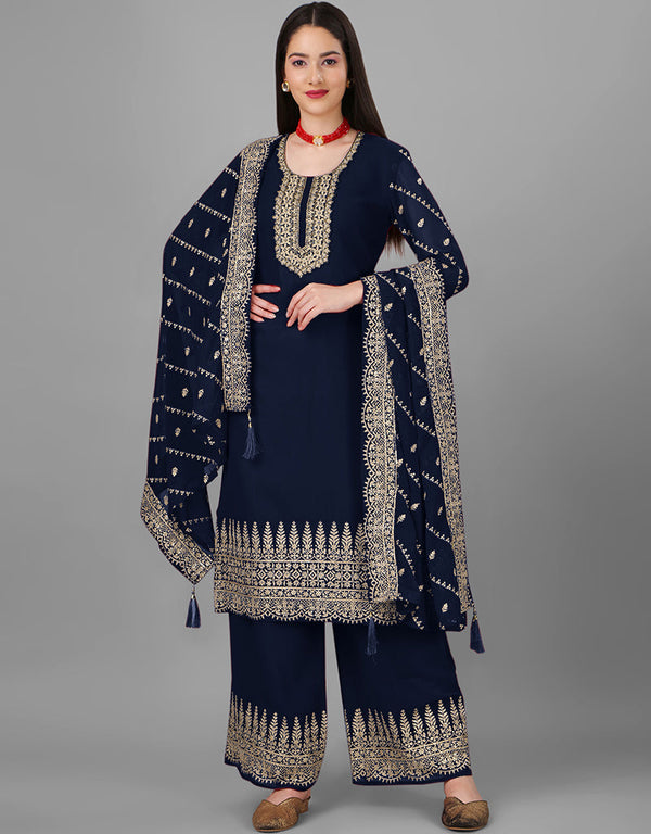 Dark Blue Faux Georgette Palazzo Straight