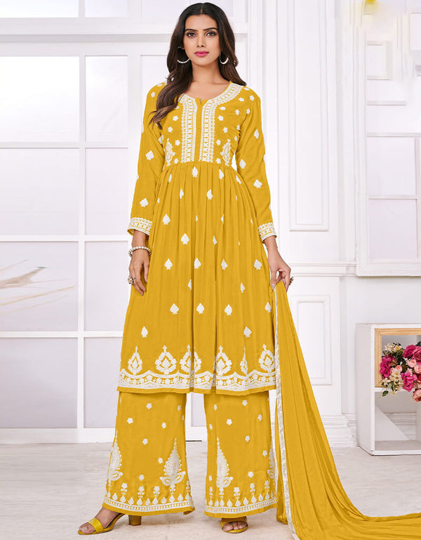 Mustard Yellow Palazzo style Suit Faux Georgette Salwar Kameez in Sequins Embroidery & Lace Work