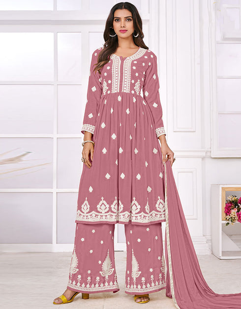 Dusty Pink Palazzo style Suit Faux Georgette Salwar Kameez in Sequins Embroidery & Lace Work