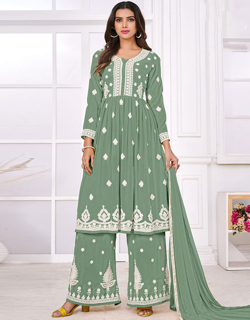 Light Green Palazzo style Suit Faux Georgette Salwar Kameez in Sequins Embroidery & Lace Work