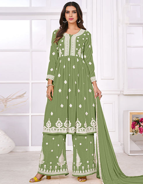 Olive Palazzo style Suit Faux Georgette Salwar Kameez in Sequins Embroidery & Lace Work