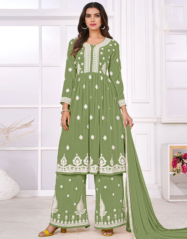 Olive Palazzo style Suit Faux Georgette Salwar Kameez in Sequins Embroidery & Lace Work