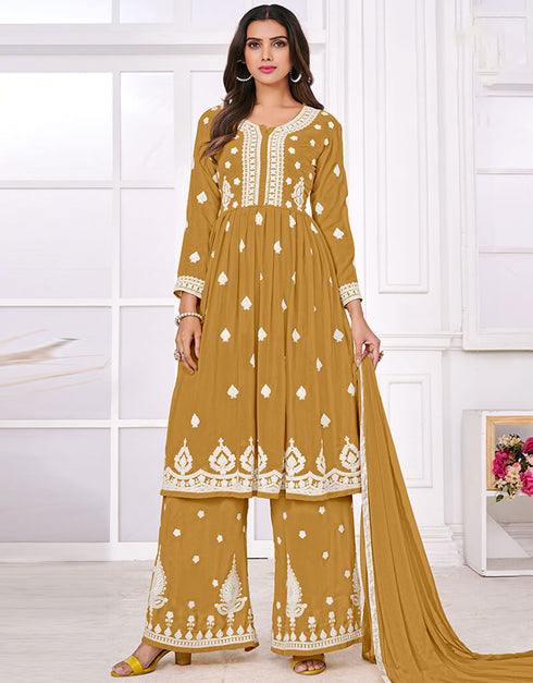 Camel Palazzo style Suit Faux Georgette Salwar Kameez in Sequins Embroidery & Lace Work