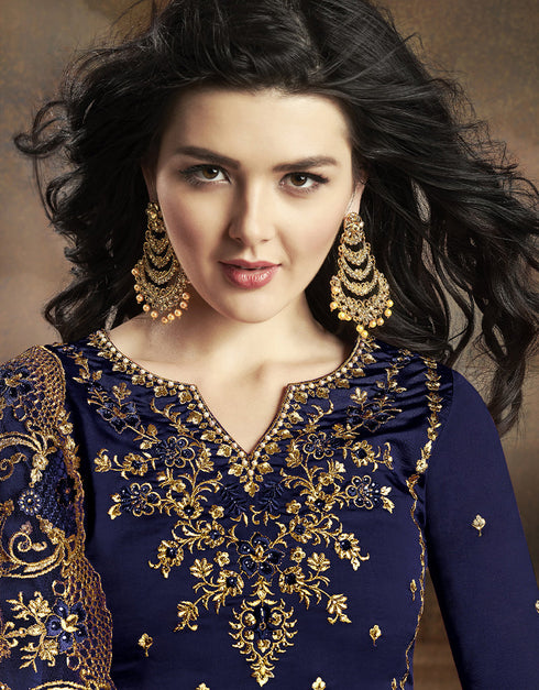 Blue Lehenga style Suit Rangoli Silk Salwar Kameez in Embroidery, Stone & Lace Work Closure View