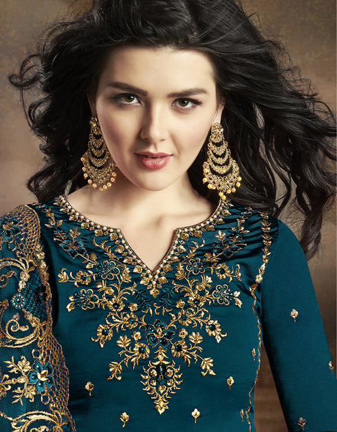 Teal Lehenga style Suit Rangoli Silk Salwar Kameez in Embroidery, Stone & Lace Work Closure View