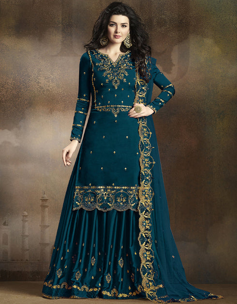 Teal Lehenga style Suit Rangoli Silk Salwar Kameez in Embroidery, Stone & Lace Work