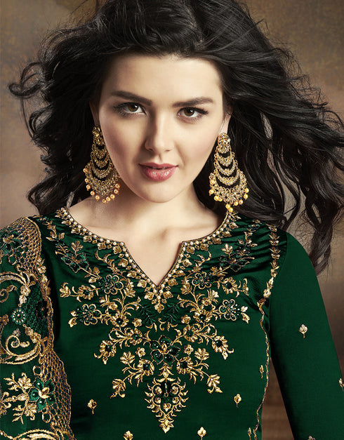 Green Lehenga style Suit Rangoli Silk Salwar Kameez in Embroidery, Stone & Lace Work Closure View