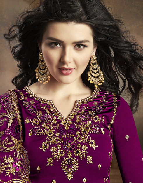 Magenta Lehenga style Suit Rangoli Silk Salwar Kameez in Embroidery, Stone & Lace Work Closure View