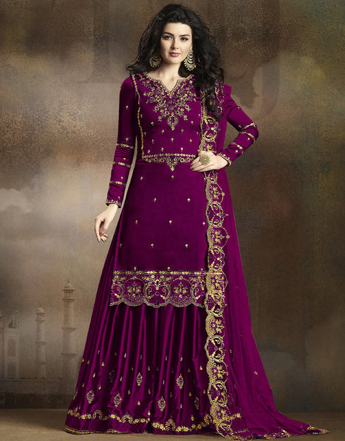 Magenta Lehenga style Suit Rangoli Silk Salwar Kameez in Embroidery, Stone & Lace Work