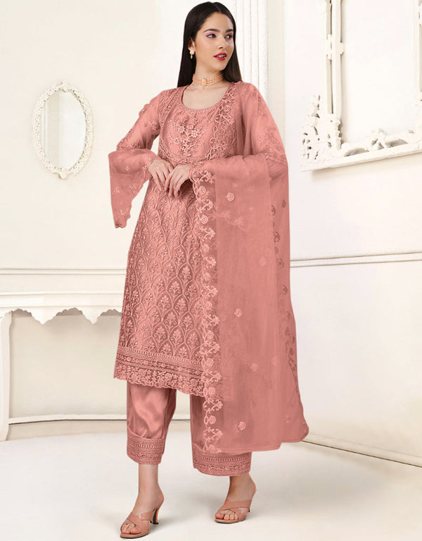 Oriental Pink Heavy Butterfly Net Pant Straight