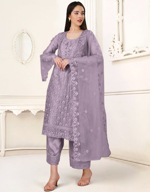 Pastel Purple Heavy Butterfly Net Pant Straight