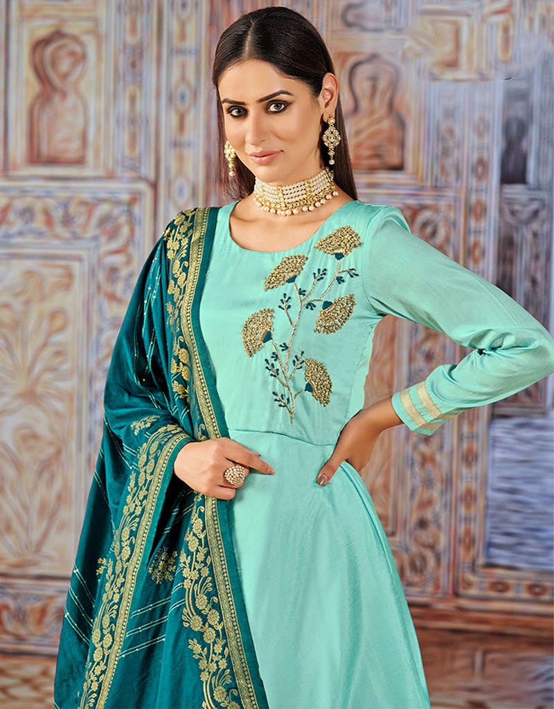 Sky Blue Designer Readymade Anarkali Dress With Digital Printed Work