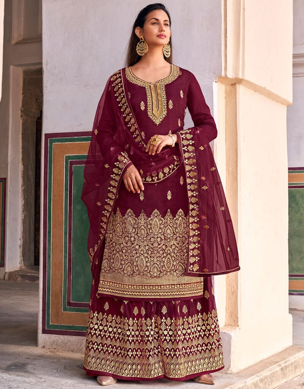 Wine Lehenga style Suits Dola Jacquard Silk Salwar Kameez in Embroidery, Stones & Lace Work
